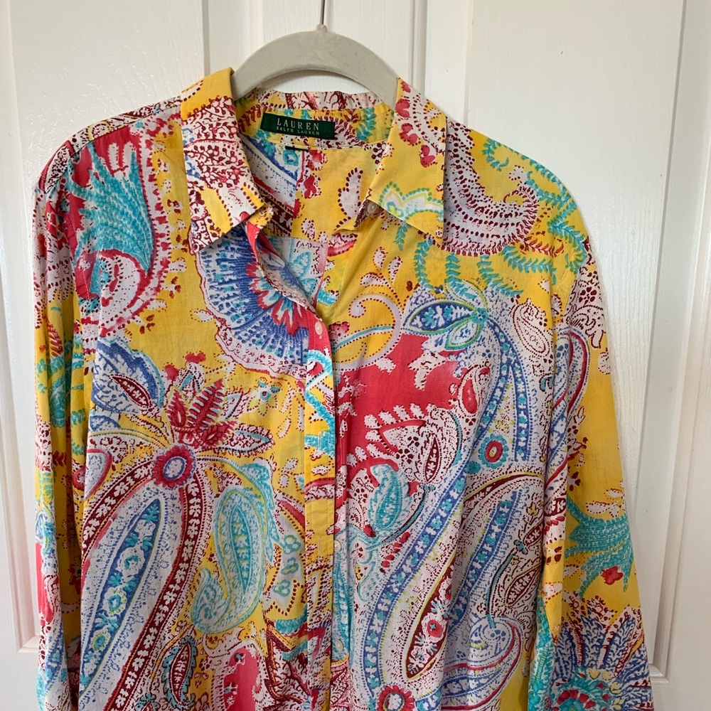 Ralph Lauren paisley top - 26.5” shoulder to hem. I think best 10 to 12 petite